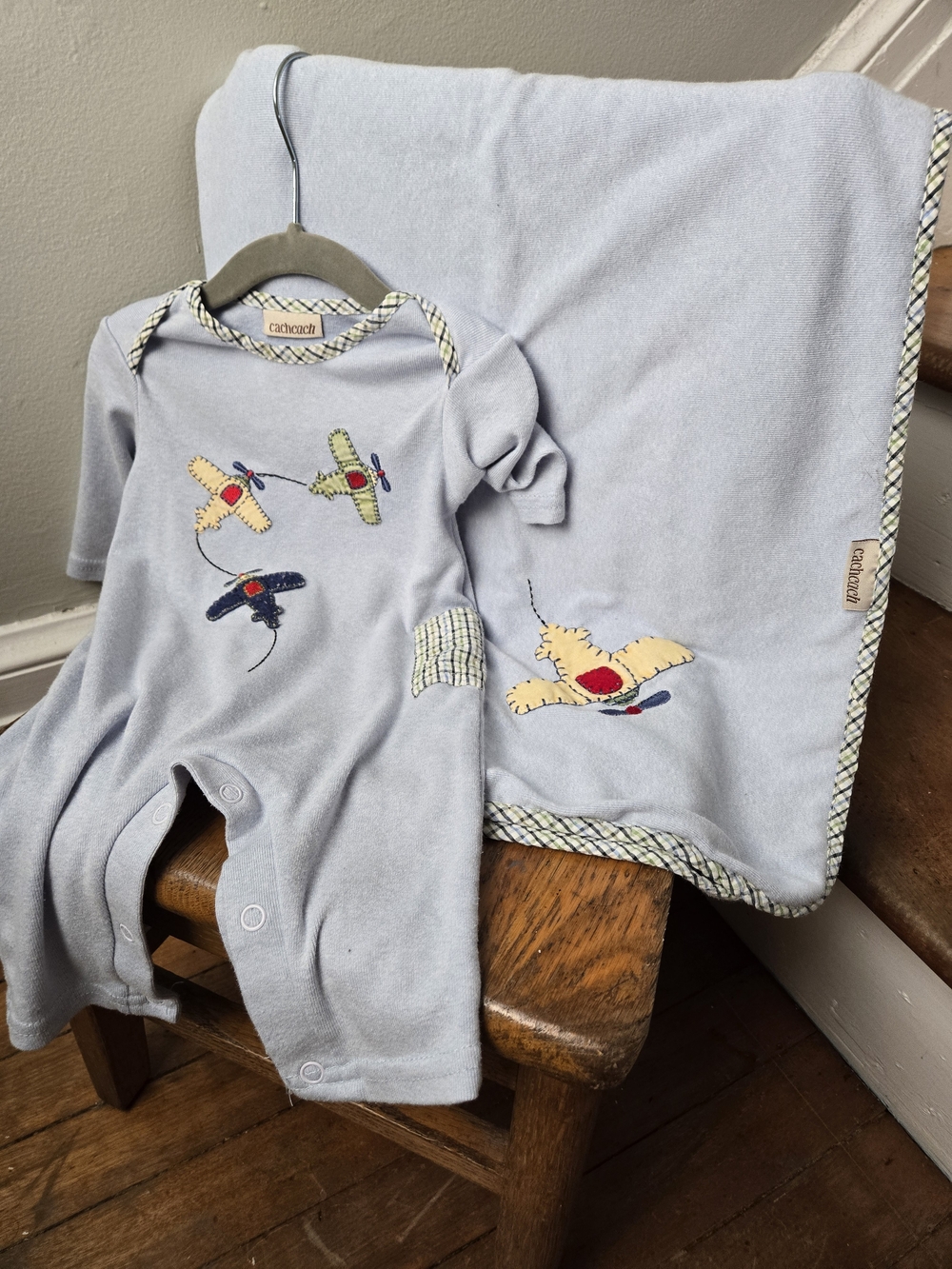 CachCachLight Blue Airplane Appliqué Baby One-Piece